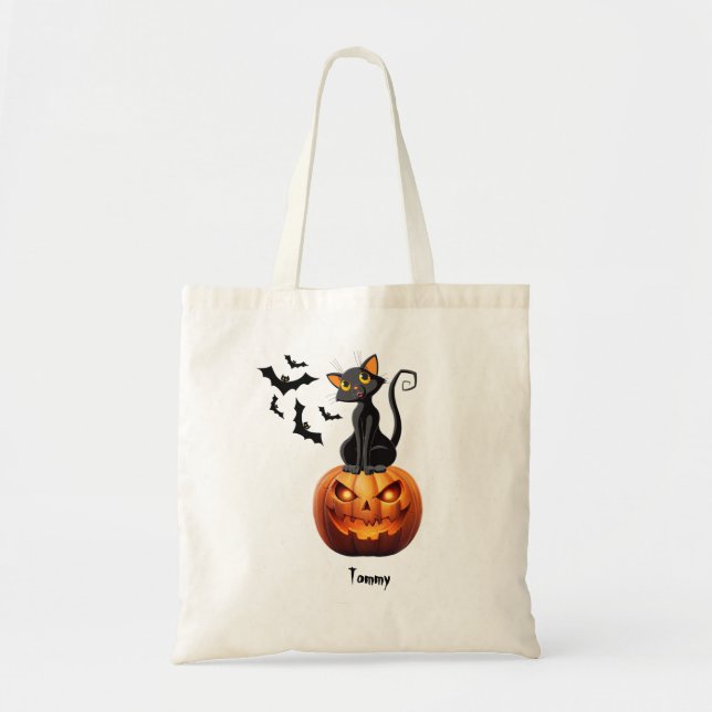 Bolso De Tela Halloween de Gato Negro espeluznante (Frente)