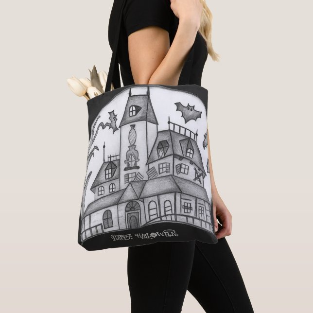 Bolso De Tela Halloween de Haunted House y Bats (Detalle)