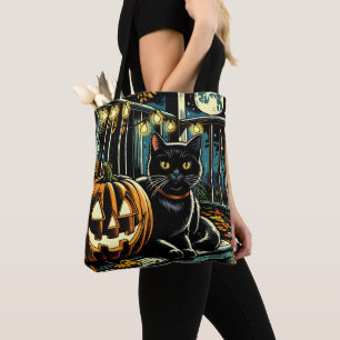 Bolso De Tela Halloween del gato negro y el Jack-O-Lantern