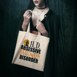 Bolso De Tela Halloween divertida<br><div class="desc">Un poco de humor de Halloween en naranja y negro. Nada dice que estés obsesionado con la festividad de Halloween más que O.H.D.,  Trastorno obsesivo de Halloween. Completo de casa embrujada y murciélagos espeluznantes para el O.</div>