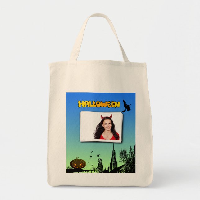 Bolso De Tela Halloween Dusk con Witch Añadir marco fotográfico (Frente)