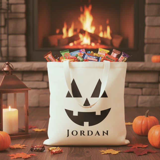 Bolso De Tela Halloween feliz feliz Jack-O-Lantern (Personalized Happy Jack-O-Lantern Face Halloween Tote Bag - Just add your trick-or-treater's name!)
