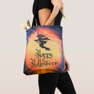 Bolso De Tela Halloween Flying Witch Broom Pumpkin Tote Bag