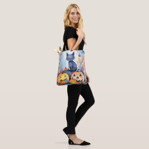 Bolso De Tela Halloween Gato Azul Oriental Con Calabazas Espeluz