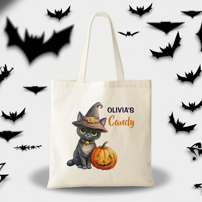 Bolso De Tela Halloween gato negro jack o lantern personalizado (Halloween cute black cat jack o lantern customized name tote bag Halloween gifts for kids)