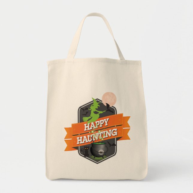 Bolso De Tela Halloween Happy Haunting with Witch on Broom (Frente)