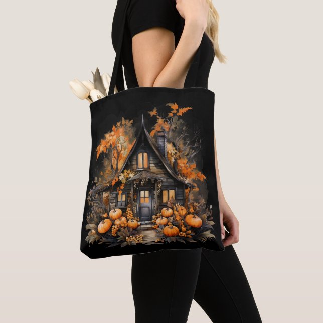 Bolso De Tela Halloween Haunted House con calabazas y follaje (Detalle)