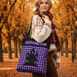 Bolso De Tela Halloween Haunted House Purple & Black Plaid Name