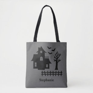 Bolso De Tela Halloween Haunted House Silhouette Y Nombre Person