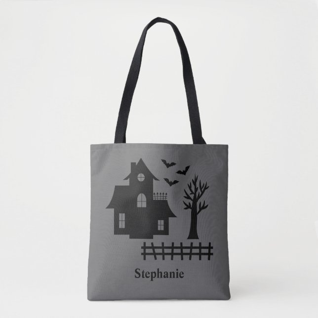 Bolso De Tela Halloween Haunted House Silhouette Y Nombre Person (Anverso)