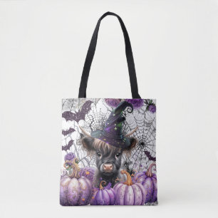 Bolso De Tela Halloween Highland Cow Witch Purple Pumpkins