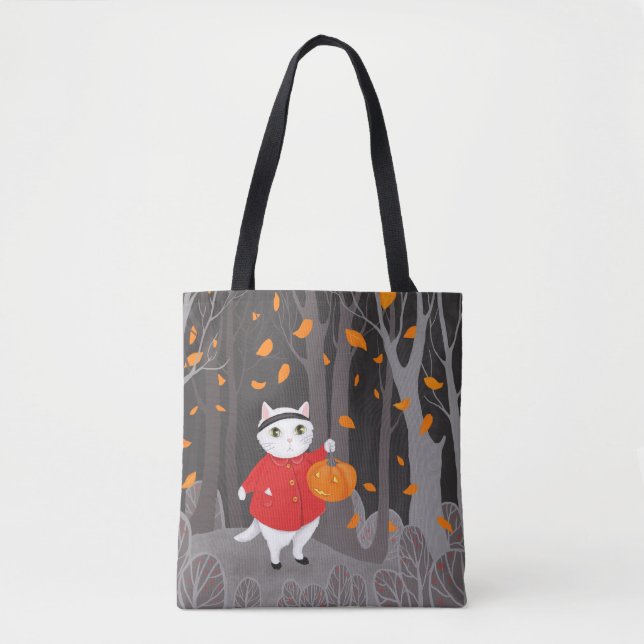 Bolso De Tela Halloween lindo gato y Jack o lantern (Anverso)