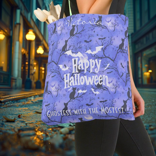 Bolso De Tela Halloween morado con gatos y murciélagos negros (Subido por el creador)