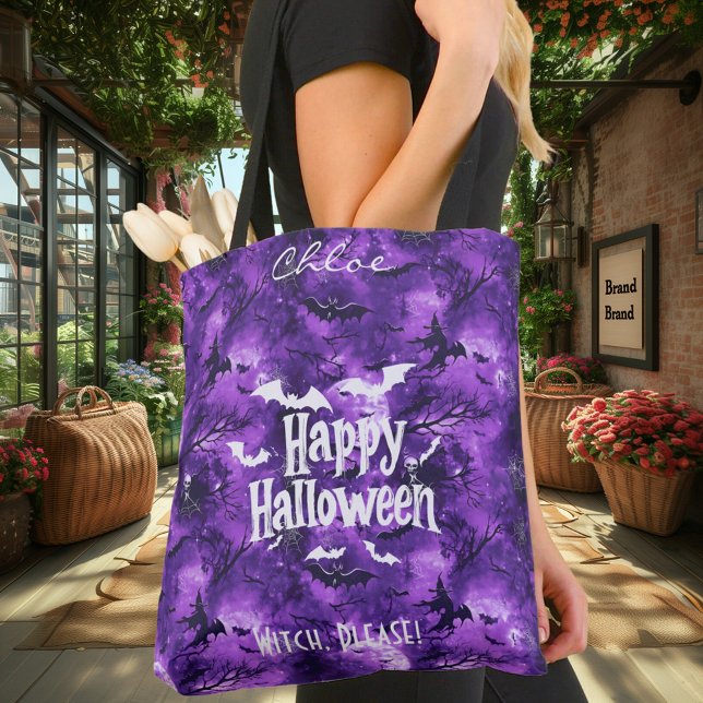 Bolso De Tela Halloween morado con murciélagos voladores y bruja (Subido por el creador)