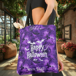 Bolso De Tela Halloween morado con murciélagos y brujas volando