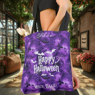 Bolso De Tela Halloween morado con murciélagos y brujas volando