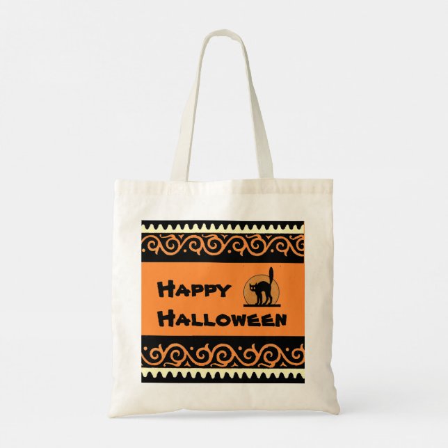 Bolso De Tela Halloween Naranja Black Cat Moon Spooky Trekys Sze (Reverso)