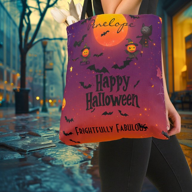 Bolso De Tela Halloween personalizado con luna llena y gatos neg (Subido por el creador)