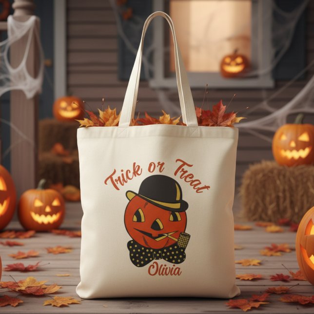 Bolso De Tela Halloween, Personalizado de calabaza de venas o de (Vintage Trick or Treat Pumpkin Custom Halloween Tote Bag - Just add your trick-or-treater's name!)