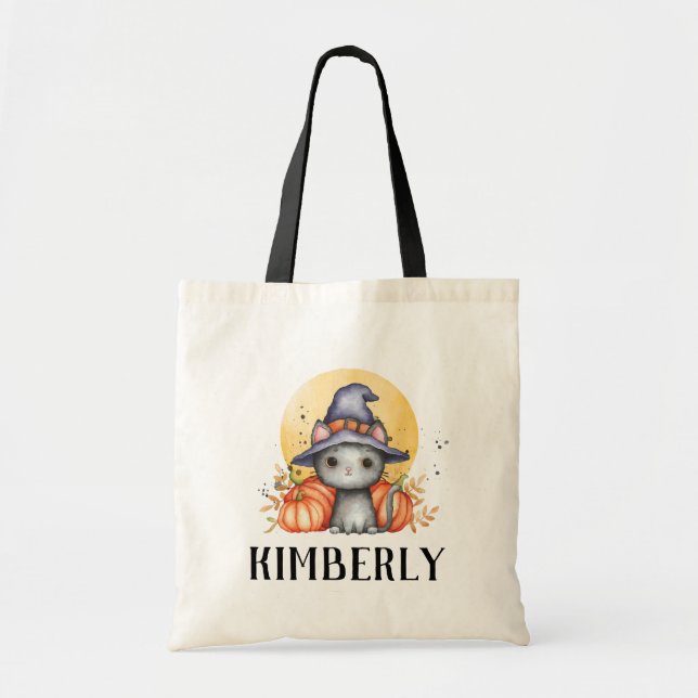 Bolso De Tela Halloween personalizado de gato negro lindo (Frente)