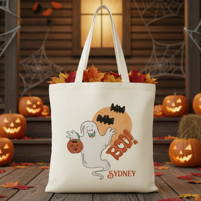 Bolso De Tela Halloween personalizado del fantasma del retro vin (Vintage Retro Boo Ghost Personalized Halloween Tote Bag - Just add your trick-or-treater's name!)