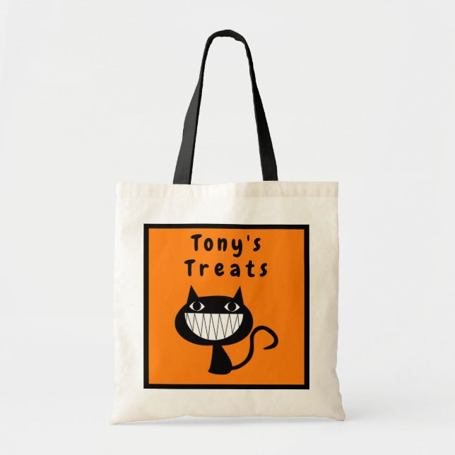 Bolso De Tela Halloween personalizado trata a un gato negro sonr (Frente)