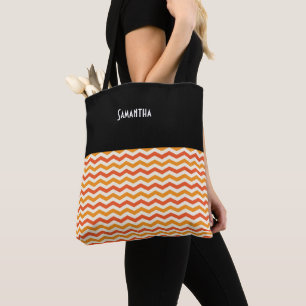 Bolso De Tela Halloween Retro Chevron Negro Naranja Nombre blanc