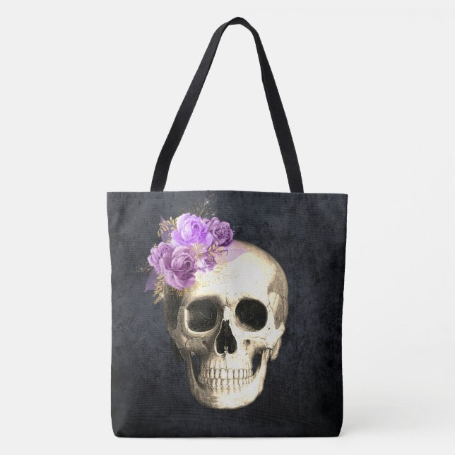 Bolso De Tela Halloween Rosas púrpura de Glam Skull gótico (Anverso)