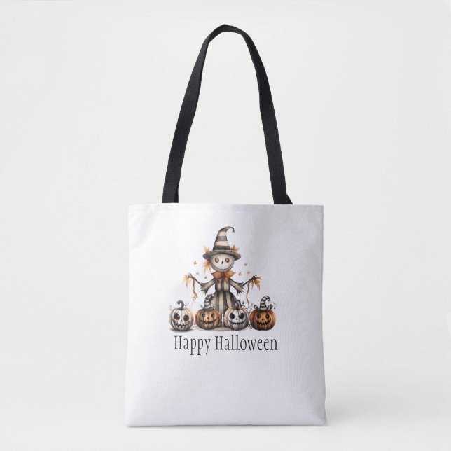 Bolso De Tela Halloween Scarecrow Design con Jack-o'-Lanterns | (Anverso)