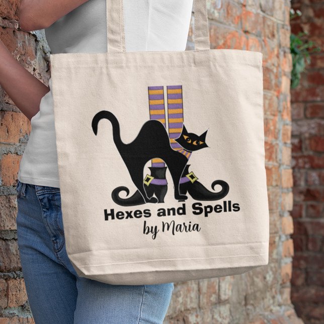 Bolso De Tela Halloween Triste Trick O Tremendo Gato Negro (Cute whimsical black cat Halloween tote bag featuring a playful trick or treat design perfect for fa)