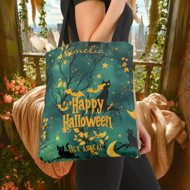 Bolso De Tela Halloween verde con gatos negros y luna creciente (Subido por el creador)