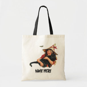 Bolso De Tela Halloween Vintage, Bruja Niña con Gato Negro