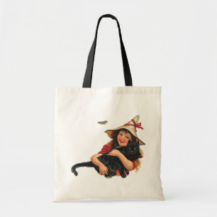 Bolso De Tela Halloween vintage, niña bruja con gato negro