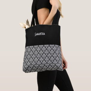 Bolso De Tela Halloween Vintage Victorian Damask Nombre blanco n