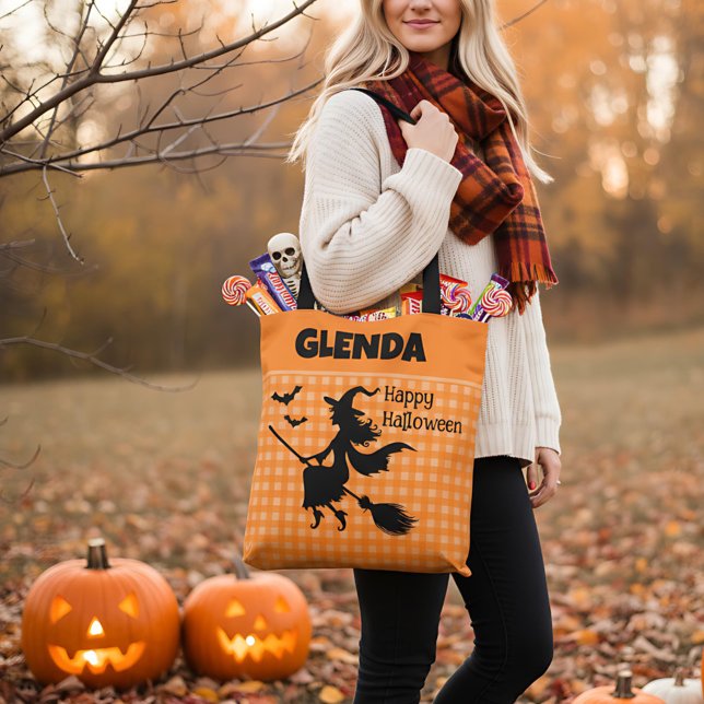 Bolso De Tela Halloween Witch & Bats Orange Plaid Custom Name (Subido por el creador)