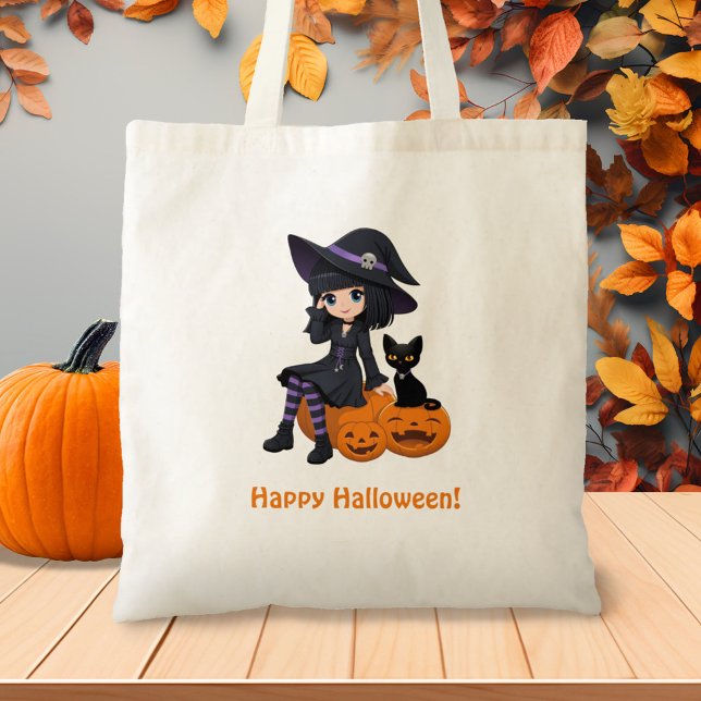 Bolso De Tela Halloween Witch, Black Cat, and Curved Pumpkins (Subido por el creador)