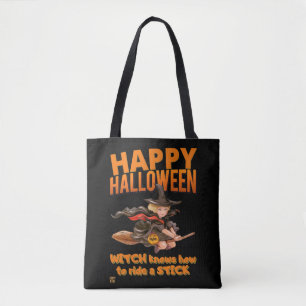 Bolso De Tela "HALLOWEEN WITCH RIDES STICK" gracioso