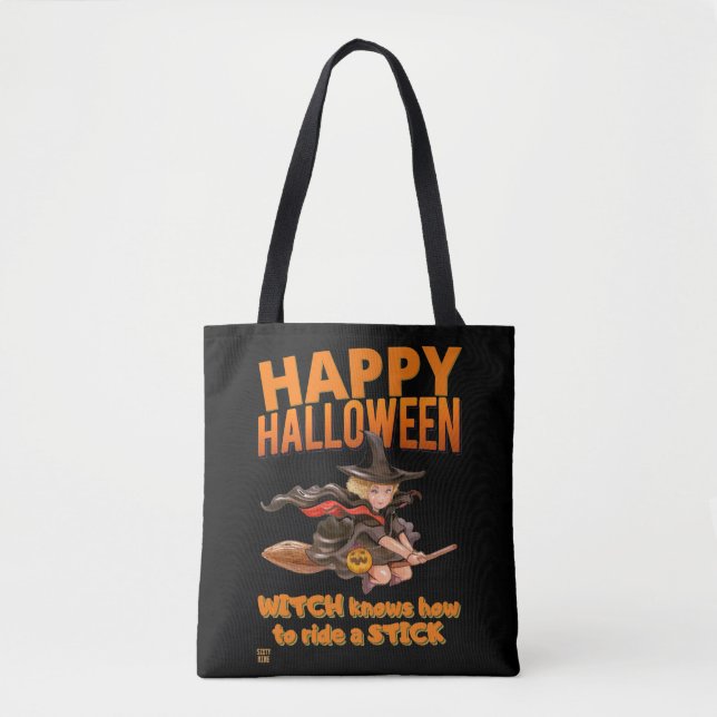 Bolso De Tela "HALLOWEEN WITCH RIDES STICK" gracioso (Anverso)