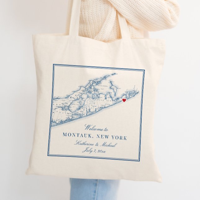 Bolso De Tela Hamptons Montauk Boda Bienvenida Tote Bag (This Hamptons tote bag welcomes your guests to Montauk or anywhere else with customizable text.)