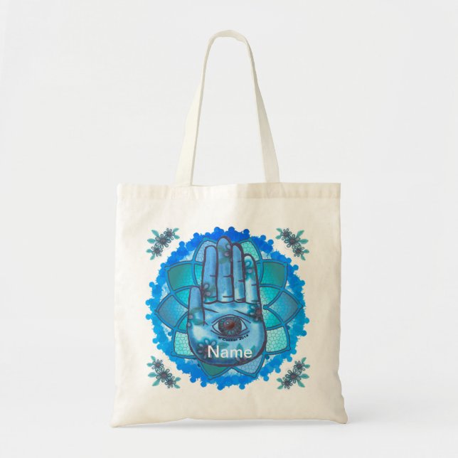 Bolso De Tela Hamsa Hand Blue Lotus Tote Bag (Frente)