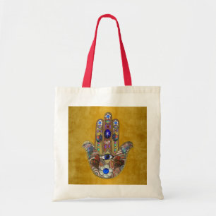 Bolso De Tela Hamsa Hearts Flores: Arte Opal sobre Oro