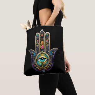 Bolso De Tela Hamsa negro colorido con tercer ojo turquesa