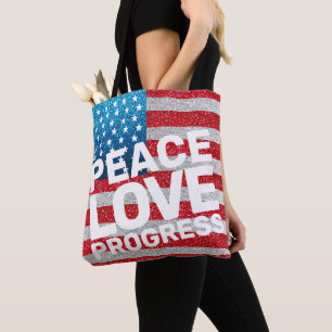 Bolso De Tela Hands Off Peace Love Progress America Flag Purpuri