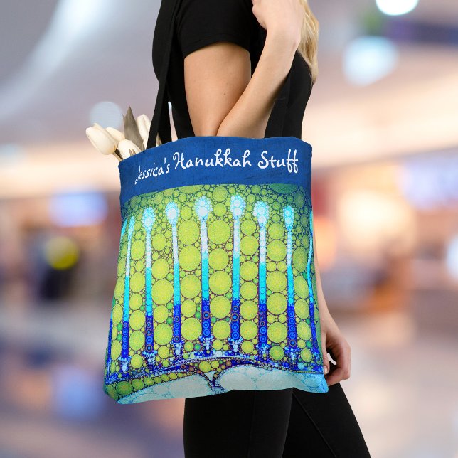 Bolso De Tela Hanukkah Blue Green Menorah Custom Name Trendy (Subido por el creador)