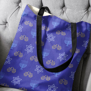 Bolso De Tela Hanukkah Gold Dreidel Star de David Menorah Blue