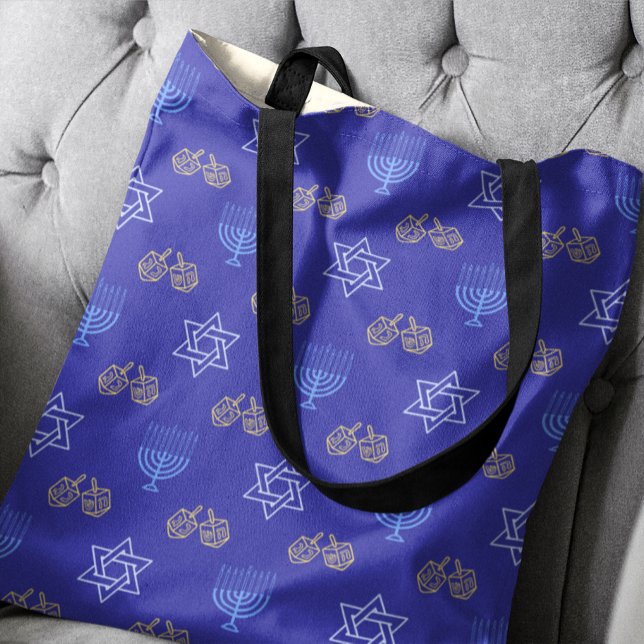 Bolso De Tela Hanukkah Gold Dreidel Star de David Menorah Blue (Subido por el creador)