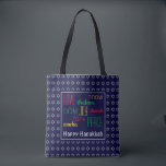 Bolso De Tela HANUKKAH Love Joy Peace BLUE Hebrew<br><div class="desc">Colorida fiesta de TOTE BAG con la falsa Estrella de David en plata en sutil patrón de fondo. LOVE JOY PEACE, incluidas las traducciones en hebreo, están codificadas en rojo, amarillo y verde. El texto es personalizable en funda que deseas cambiar cualquier cosa. FELIZ HANUKKAH también es personalizable. Parte de...</div>