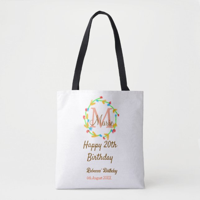 Bolso De Tela Happy 20th Birthday red add name monogram wreath (Anverso)