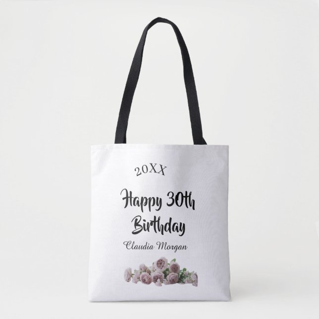 Bolso De Tela Happy 30th birthday pink white mauve floral name y (Anverso)