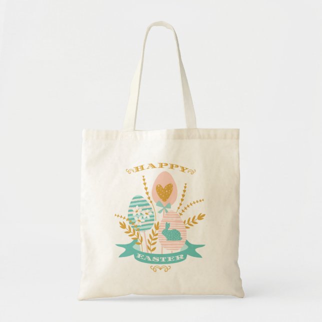 Bolso De Tela Happy Easter Bouquet Easter bunny and eggs (Frente)